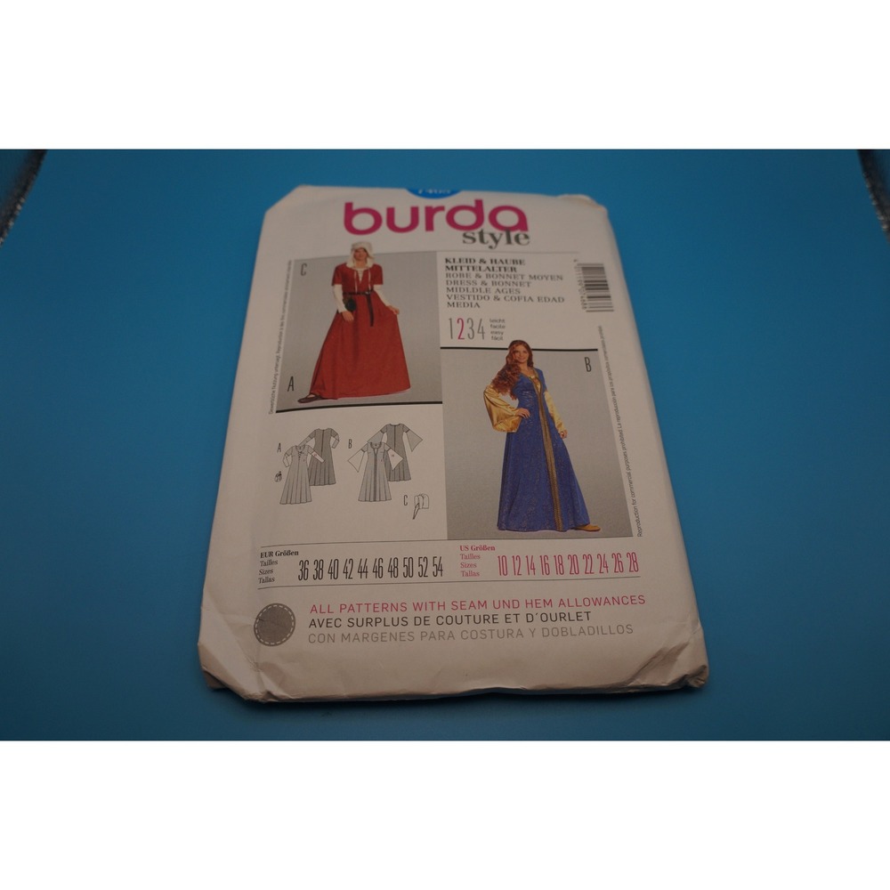 Burda Style 7468 Medieval Dress Bonnet Sewing Pattern US Sizes 10-28 Middle Ages